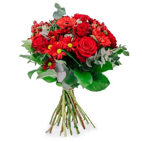 Κόκκινο μπουκέτο με τριαντάφυλλα, ζερμπερίνες και χρυσάνθεμα